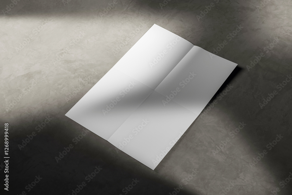 Poster blank folded paper sheet lying on a concrete floor with dramatic lighting and shadows. 3d rendering