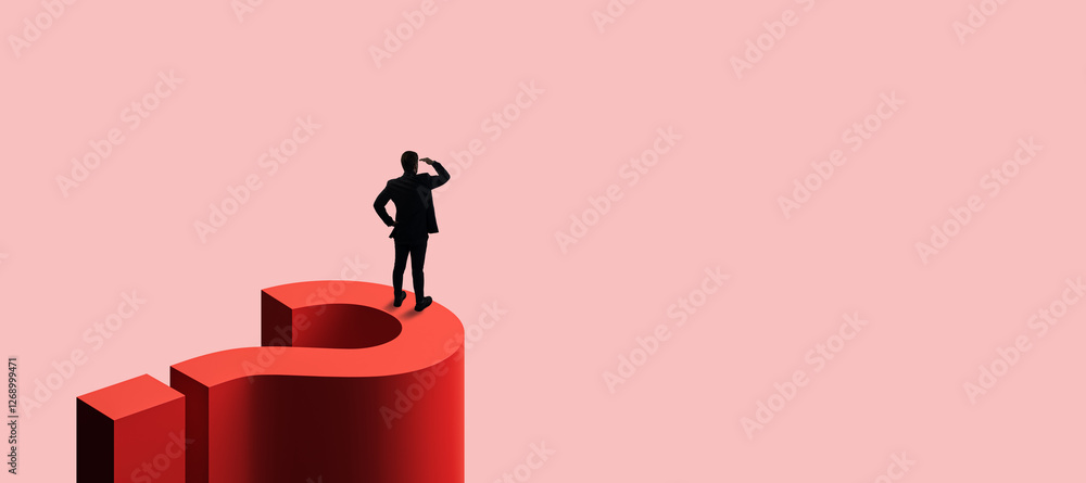 Poster businessman standing on a large red question mark, looking into the distance.