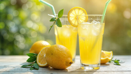 Fototapeta premium Fresh lemonade glasses with ice and lemon slices. Refreshing drink for summer. Lemonade preparation with natural ingredients and fruits. Healthy lemonade on wooden table.
