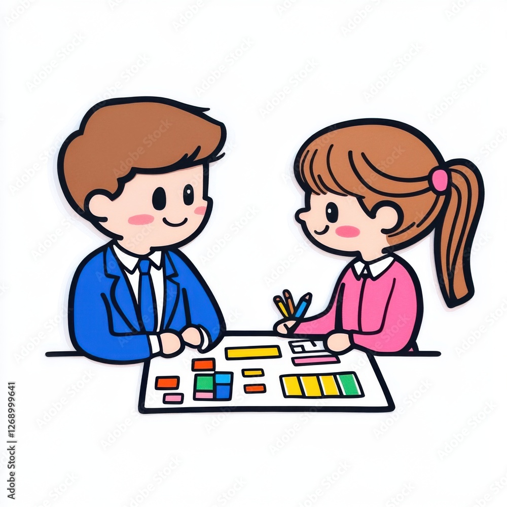 Poster young professionals collaborating on creative project using colorful charts and visual aids in moder