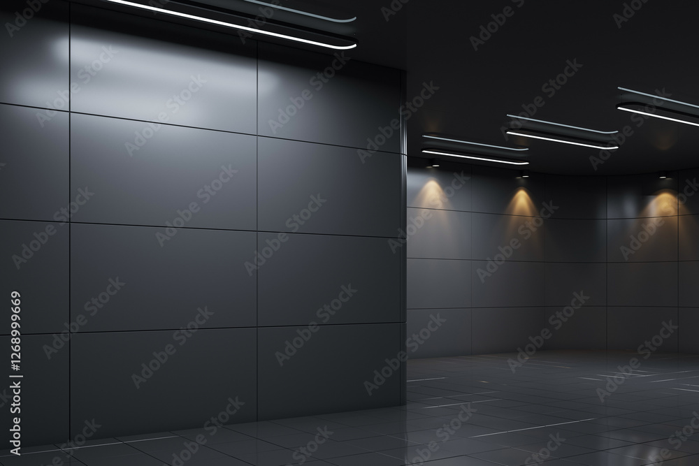 Poster modern dark exhibition hall with spotlights and tiled walls. 3d rendering