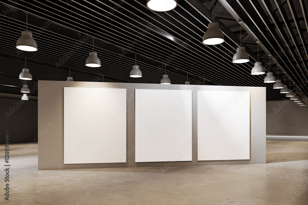 Poster Exhibition space with three blank vertical posters on a modern display wall. 3D Rendering
