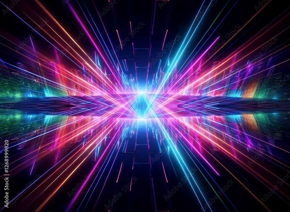 Aufkleber Abstract vibrant light streaks converge towards a central bright point, creating a dynamic and futuristic perspective on a dark backdrop. Colorful rays emanate, radiating energy and motion.