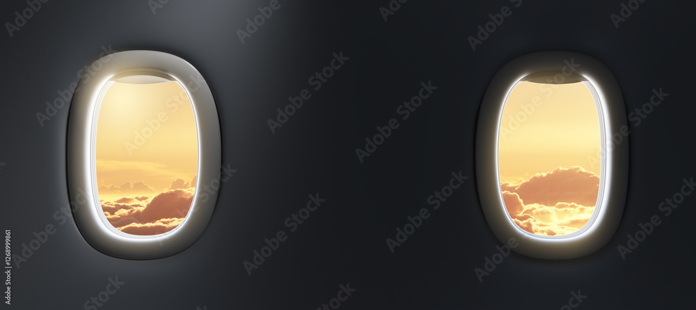 Aufkleber dual airplane windows showing a golden sunset view above the clouds. 3d rendering