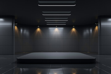 Black modern showroom with spotlighted platform. 3D Rendering
