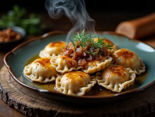 Fototapeta premium Steaming dumplings with topping for dinner. Pasta dish on plate for delicious meal. Warm, cooked dumplings for gourmet food photography on wooden table.