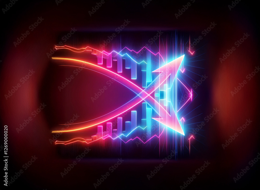 Poster vibrant neon arrows glow in red and blue, crossing dynamically against a dark backdrop. geometric sh