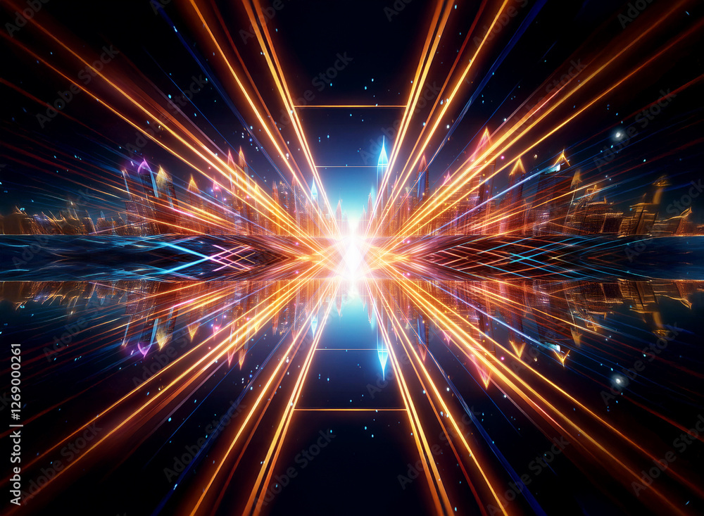 Aufkleber abstract image of vibrant orange and blue light beams emanating from the center, creating a dynamic,