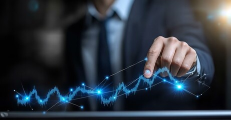 Business development to success and growing growth concept Businessman pointing line dot graph corporate future growth plan