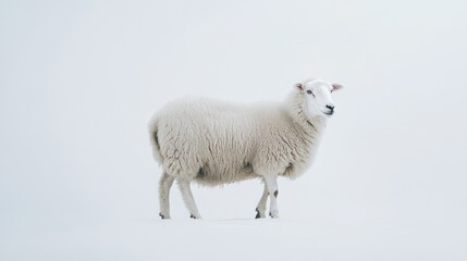 Fototapeta premium Sheep standing in snowy field, winter landscape, farm animal, agriculture