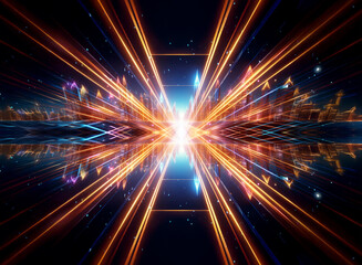 Obraz premium Abstract image of vibrant orange and blue light beams emanating from the center, creating a dynamic, futuristic, and energetic visual experience.