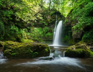 Naklejka premium serene waterfall surrounded by lush greenery