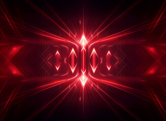 Abstract geometric composition featuring vibrant red glowing lines and shapes on a dark background, creating a sense of depth and dynamic energy.