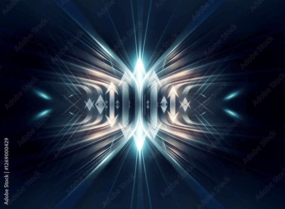 Poster symmetrical abstract design with radiating light. blue and white hues create a futuristic, dynamic f