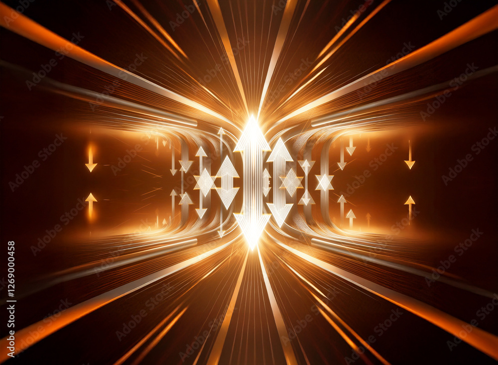 Poster Abstract image featuring vibrant orange and white glowing lines and arrows converging towards a central point, creating a tunnel perspective effect.