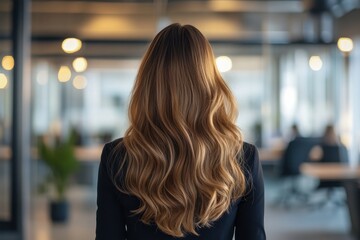 Woman with long, wavy hair stands in modern office with bright lights and contemporary design during the workday
