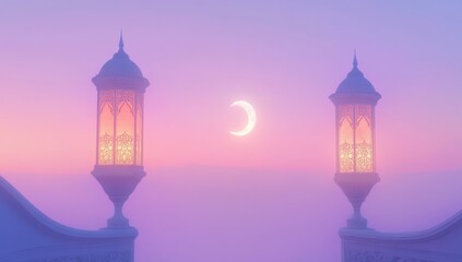 Islamic lanterns, moonlit dusk, rooftop, serene ambiance