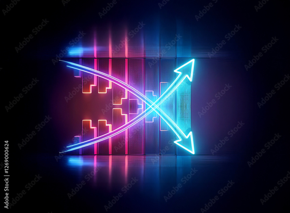 Poster neon arrows and abstract geometric shapes glow in vibrant blue and pink neon light against a dark ba