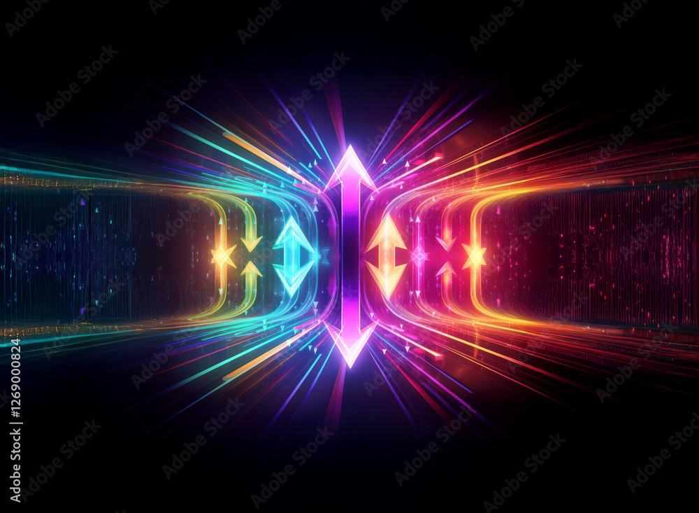 Poster Bright light streams with arrows converge and diverge, creating a dynamic abstract futuristic pattern against a dark background.