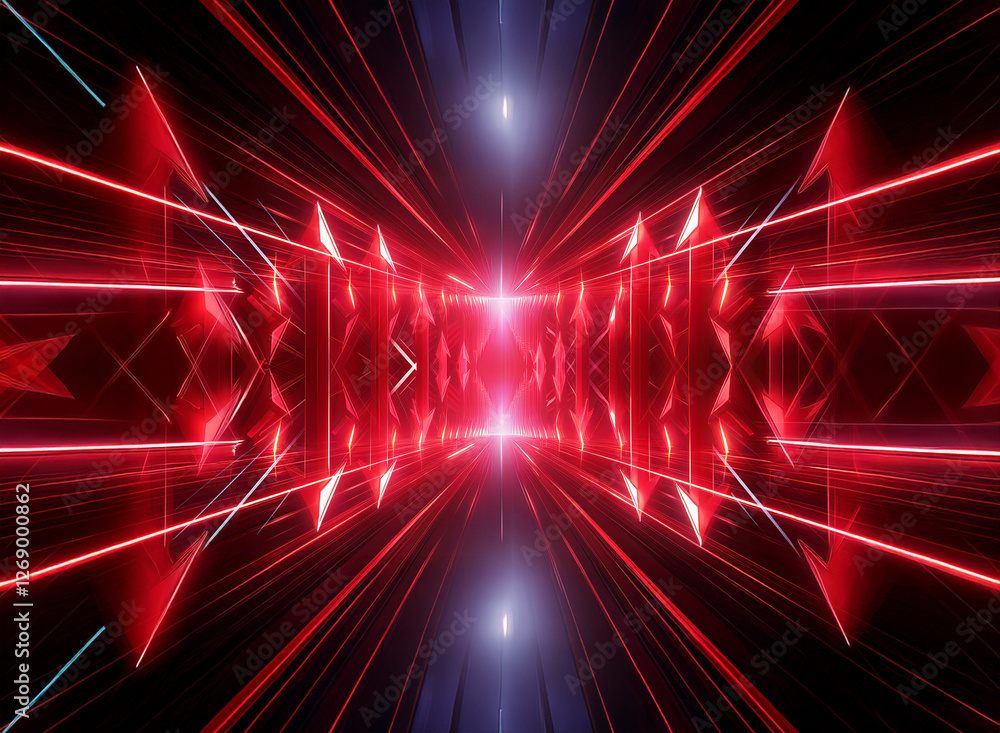 Aufkleber Futuristic tunnel with vibrant red and blue lights.  A geometric perspective creates depth and dimension. Abstract glowing lines form a dynamic visual.