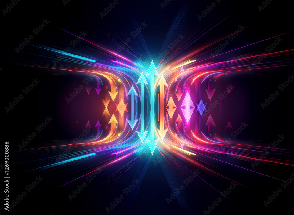 Fototapete Vibrant abstract image with central glowing arrows and dynamic colorful light trails on a dark background. Futuristic and energetic.