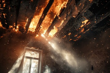 House fire causes severe damage with collapsed ceiling and flames spreading rapidly into the room. Generative AI