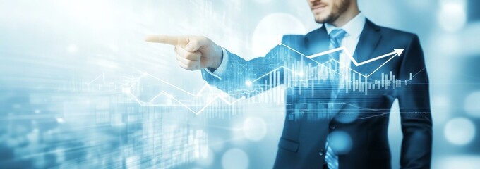Businessman pointing arrow graph growth and financial network connection analysing data to increase sales and revenue profit to achieve business investment goal in global economic situation