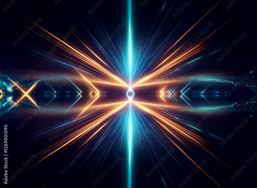 Poster Abstract image featuring dynamic blue and orange light trails emanating from a central point against a dark backdrop, creating a symmetrical and futuristic pattern.