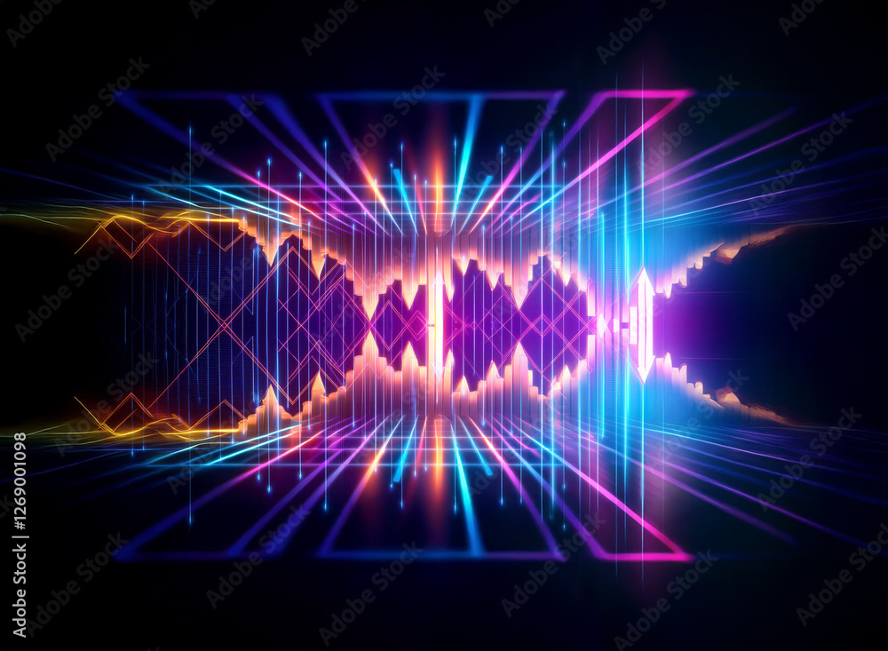 Poster abstract neon lines form a tunnel with a central waveform, suggesting sound and light. vibrant color