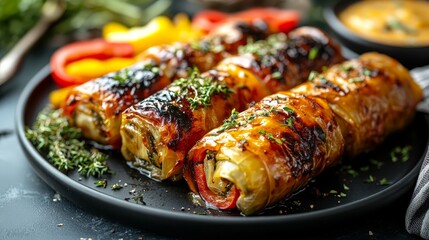 A plate of grilled vegetable rolls garnished with herbs and served with a dipping sauce.