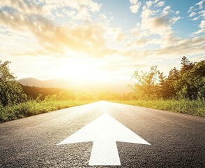 Success concept on an open road with white arrow at sunset sky clouds