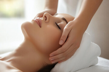 Naklejka premium Portrait of a woman in spa having face massage