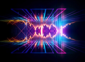 Obraz premium Abstract neon lines form a tunnel with a central waveform, suggesting sound and light. Vibrant colors and geometric shapes create a dynamic visual.