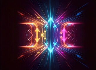 Abstract digital artwork featuring vibrant glowing arrows and lines in blue, orange, and pink hues. Dynamic energy radiates from the center with bright light effects against a dark backdrop.