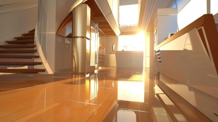 Sunlit Modern Interior: Luxury Home Design with Wooden Staircase and Gleaming Floors