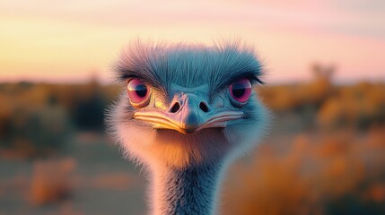 Colorful ostrich portrait in golden hour captures the beauty of wildlife in natural habitat with vibrant sunset tones
