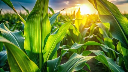 Fototapeta premium Lush Green Corn Leaves Close-Up: Vibrant Summer Cornfield Double Exposure Stock Photo