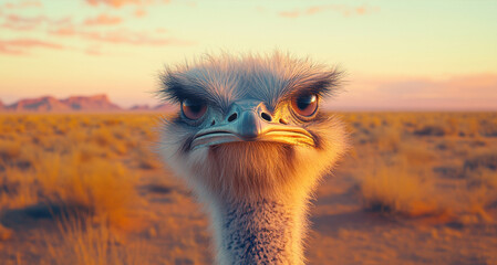 Close encounter with an ostrich at sunset in a vast desert landscape showcasing the bird's curious expression and vibrant colors