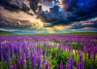 Lush Green Field with Vibrant Purple Salvia Flowers under a Cloudy Sky - Stunning Nature Stock Photo