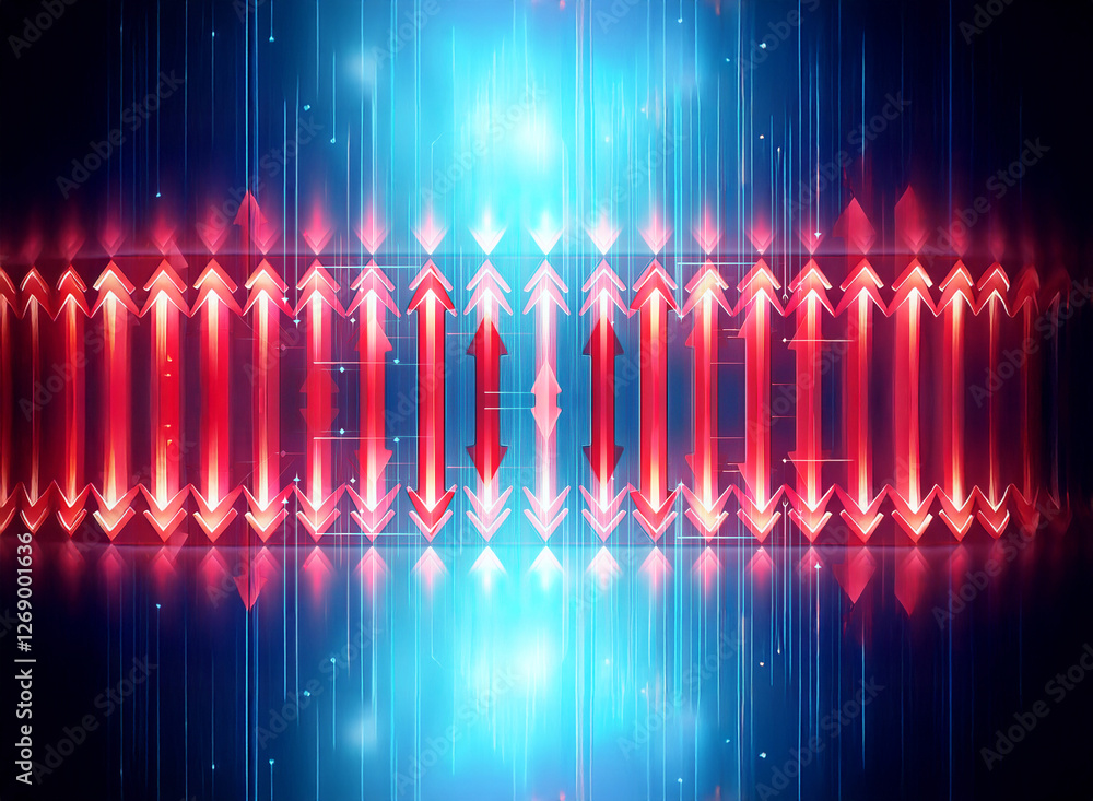 Poster abstract digital background with vibrant red arrows arranged horizontally, creating a symmetrical pa