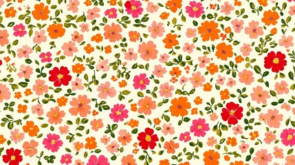 Floral pattern. Pretty flowers on a white background. Printing with small orange red and pink flowers. Ditsy print. Spring Bouquet.