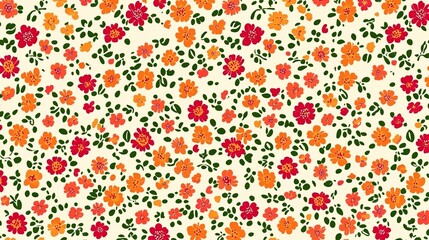 Floral pattern. Pretty flowers on a white background. Printing with small orange red and pink flowers. Ditsy print. Spring Bouquet.