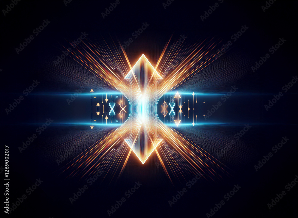Poster futuristic abstract light burst of geometric triangles and lines, glowing in orange and blue colors 