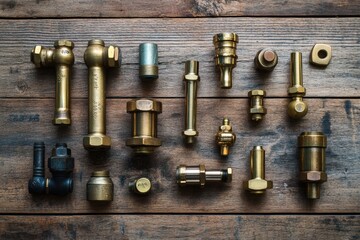 Collection of brass plumbing fittings arranged on wooden surface for home and construction projects. Generative AI