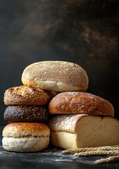 Freshly baked assortment of different types of bread stacked against a dark background