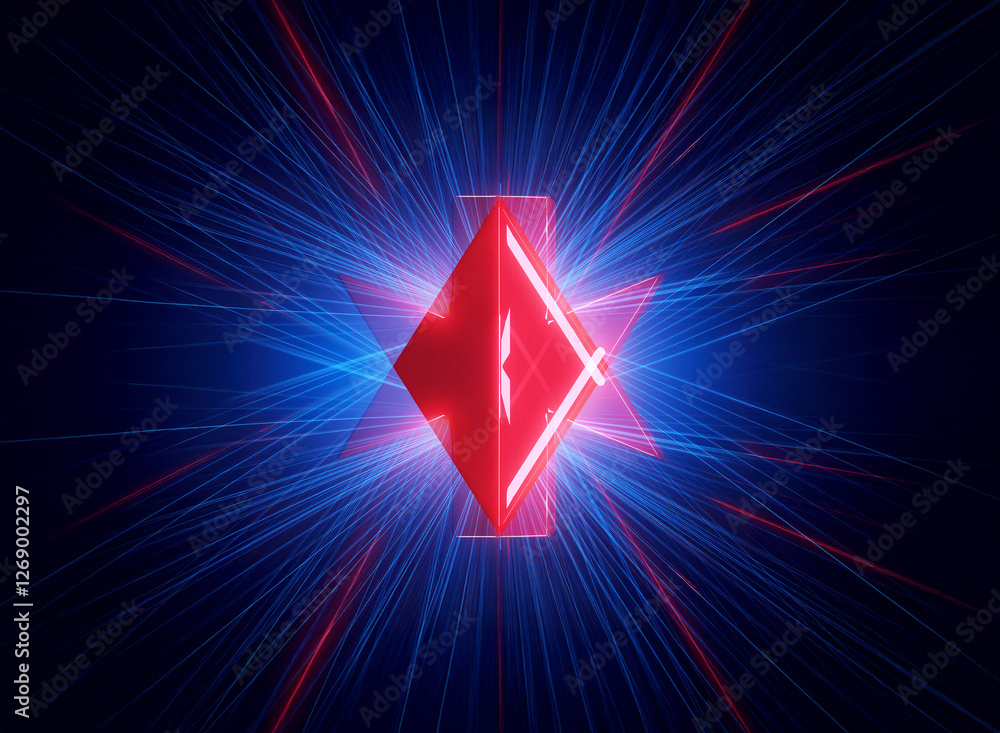 Fototapete a vibrant red diamond shape radiates blue and red light beams against a dark backdrop, creating a dy