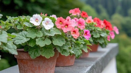Colorful flowers in terracotta pots on a balcony overlooking a landscape