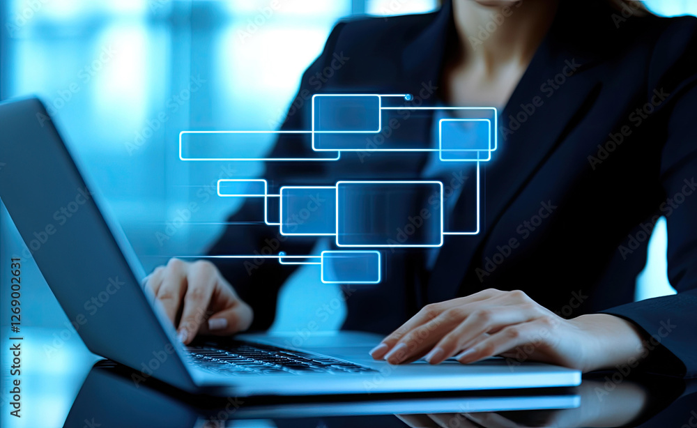 Poster businesswoman working on laptop with digital interface showing data flow and connection