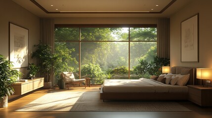 Fototapeta premium Serene bedroom, sunrise view, lush garden, hardwood floor, interior design