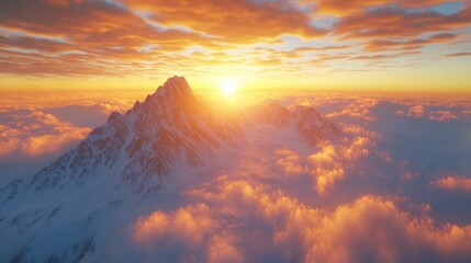Majestic sunrise over snow-capped mountain peaks amidst fluffy clouds and a colorful sky in the early morning hours